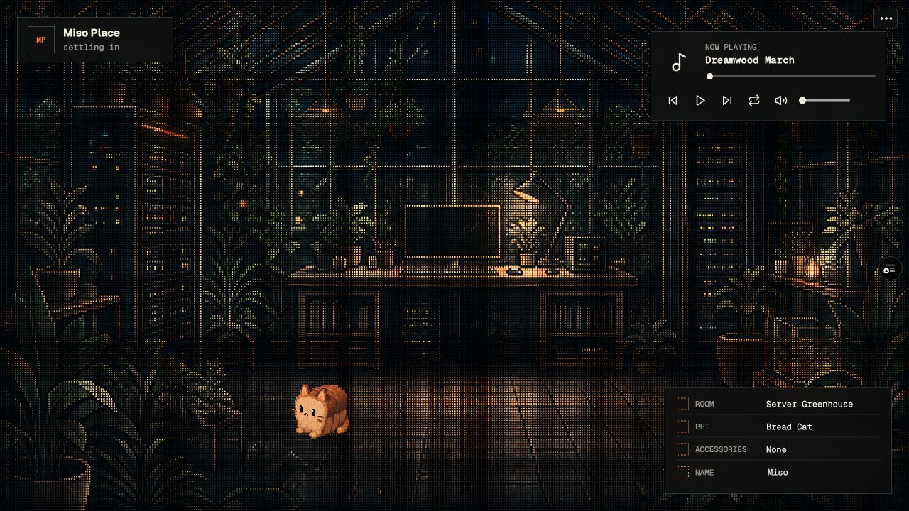 Miso Place pixel-art coding room with a music player and the Bread Cat pet