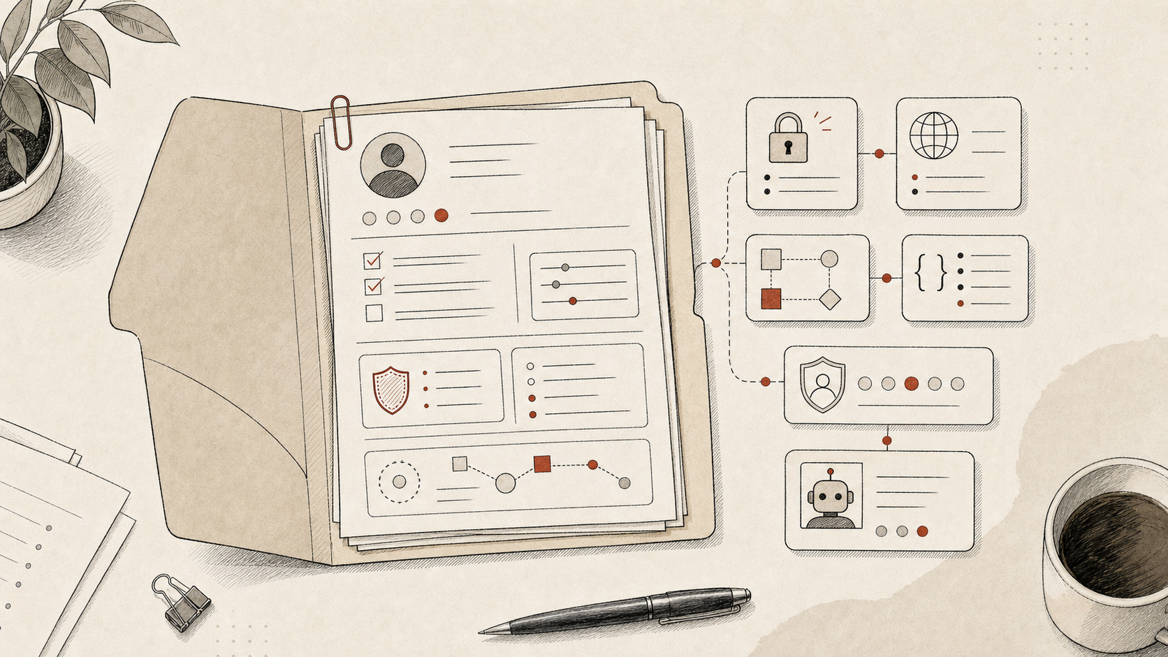 A hand-drawn desk illustration of an Agent Hiring Packet with abstract checklist pages, permission cards, context snippets, trust markers, and an agent profile