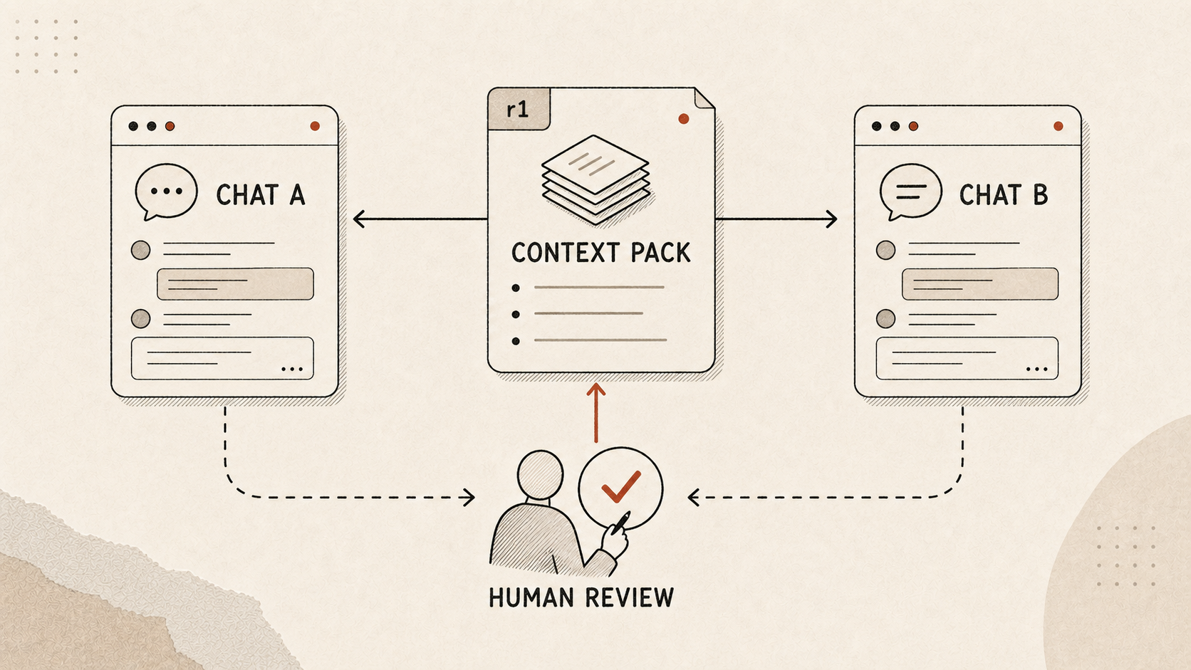 Two independent chat windows reading from a central versioned Context Pack while a human review gate controls changes